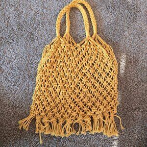 Yellow Macramé Tote Bag with Fringe